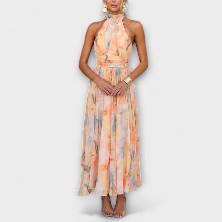Halter-Neck Aquarell Print Maxi Chleid