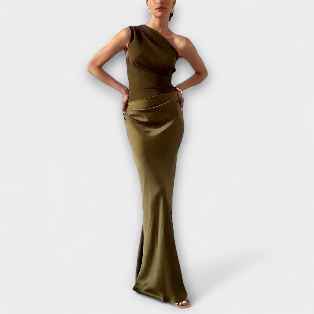 Elegants One-Shoulder-Falte-Maxi-Chleid