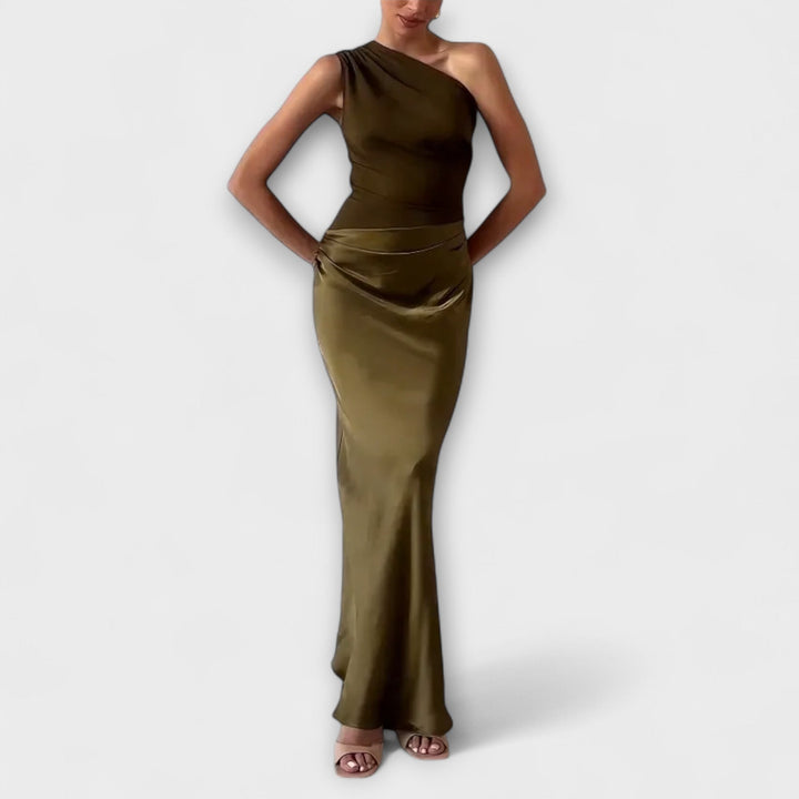 Elegants One-Shoulder-Falte-Maxi-Chleid