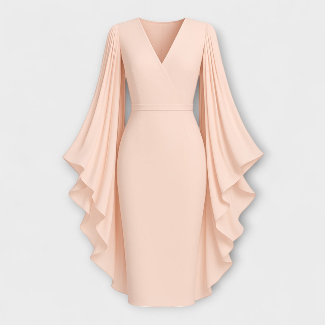 Rachel - Hellrosa Midi-Kleid mit V-Ausschnitt und Chiffon-Ärmeln