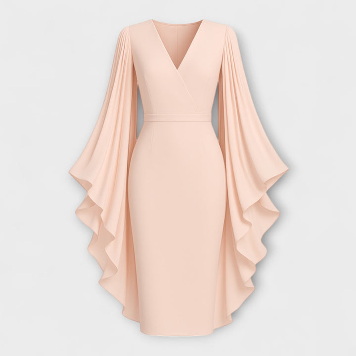 Rachel - Hellrosa Midi-Kleid mit V-Ausschnitt und Chiffon-Ärmeln