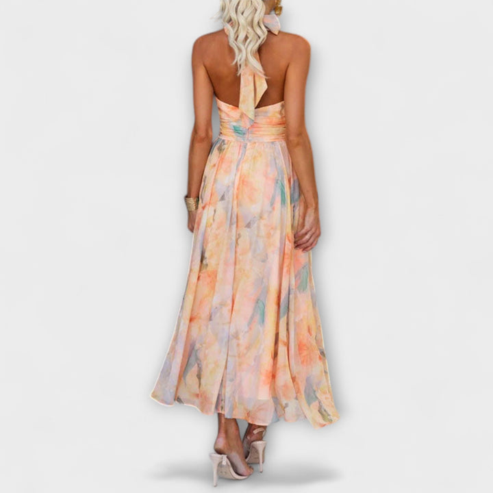 Halter-Neck Aquarell Print Maxi Chleid