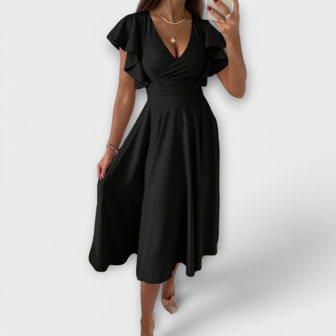 Elegants V-Ausschnitt-Chleid mit fliessender Silhouette