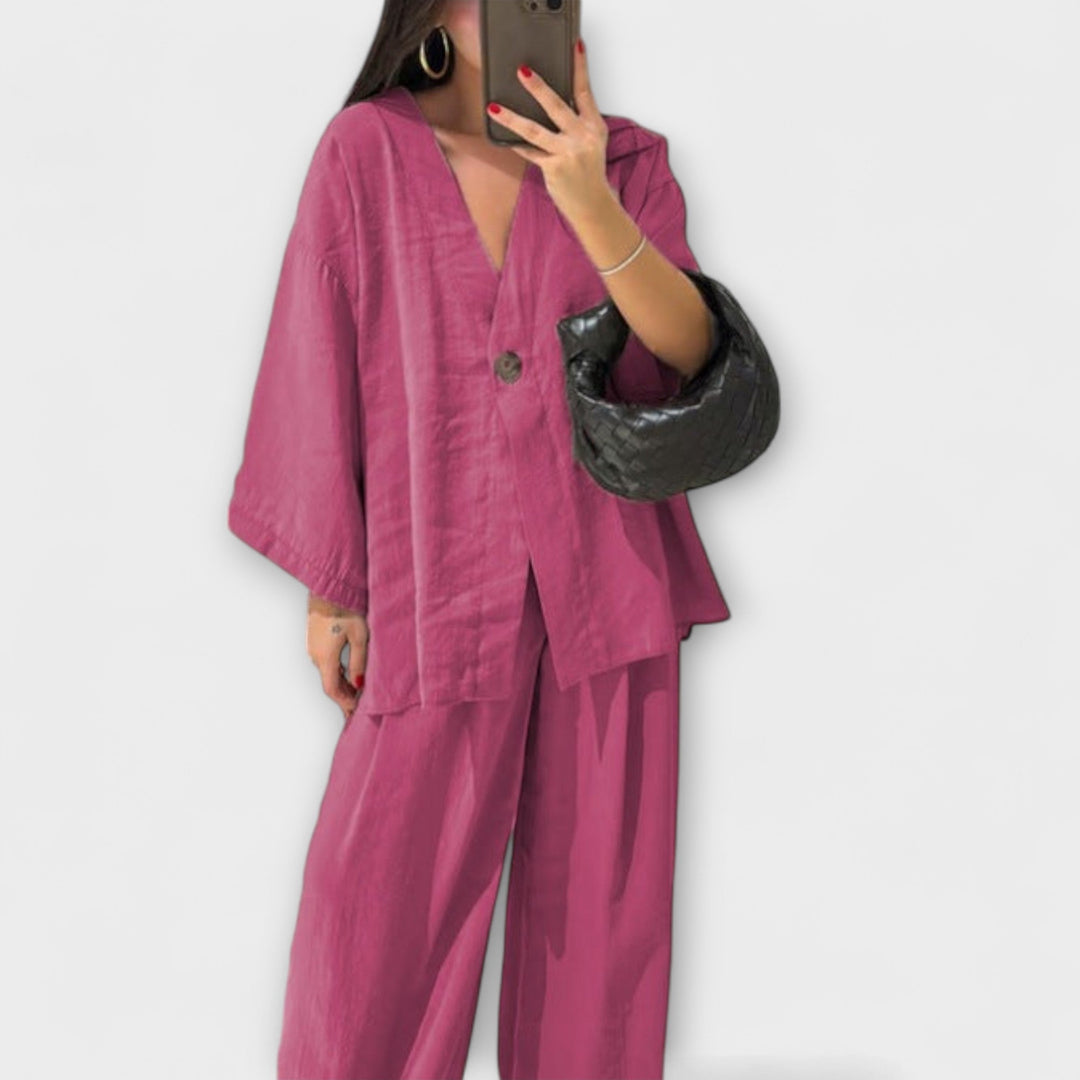 Jacqueline - Lässigs V-Ausschnitt Top und Hose Duo