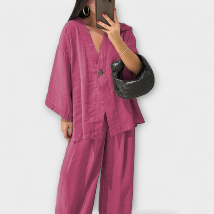 Jacqueline - Lässigs V-Ausschnitt Top und Hose Duo