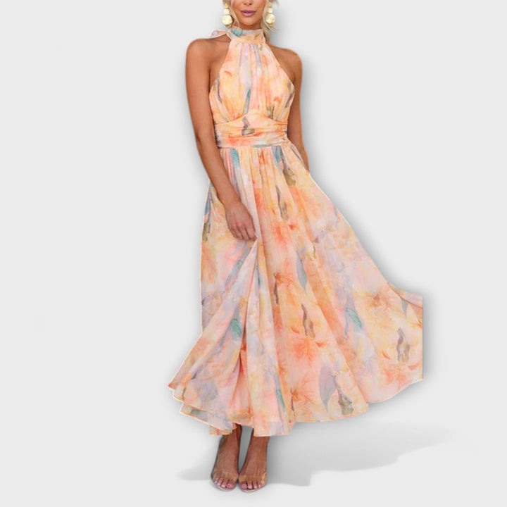 Halter-Neck Aquarell Print Maxi Chleid