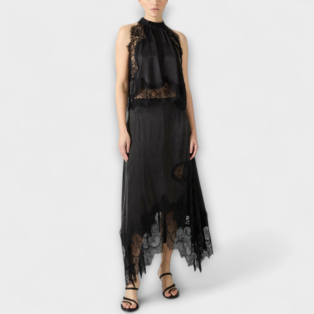 Kaia - Satinbluse mit Spitzenbesatz und plisierte Ausschnitt im Set