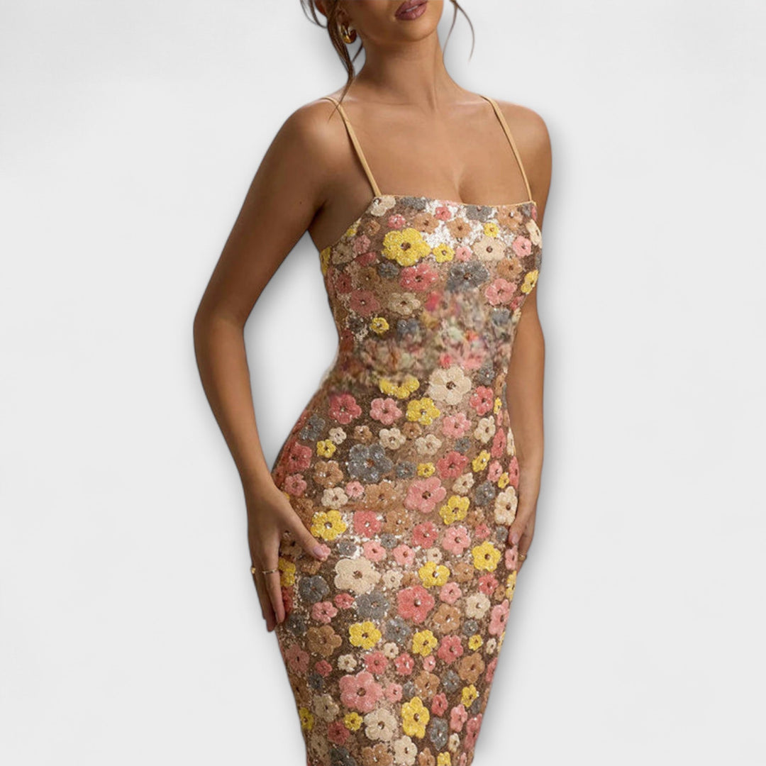 Oakley - Maxi-Chleid mit florale Pailletten im 80er-Jahre-Stil