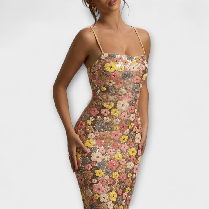 Oakley - Maxi-Chleid mit florale Pailletten im 80er-Jahre-Stil