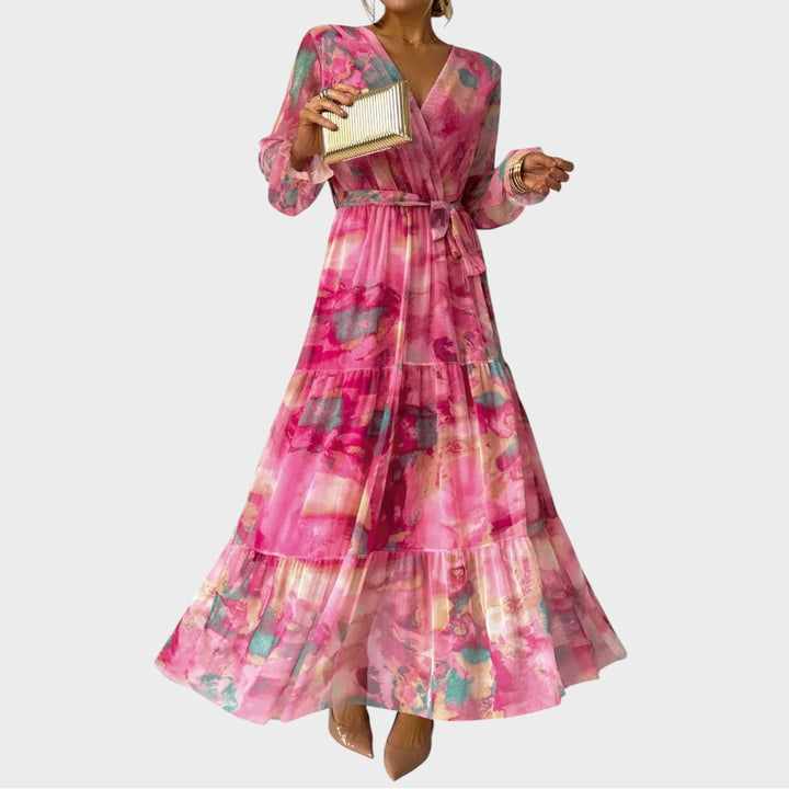 Fiona | Damen-Wickelchleid mit Bluememuster und lange Ärmel
