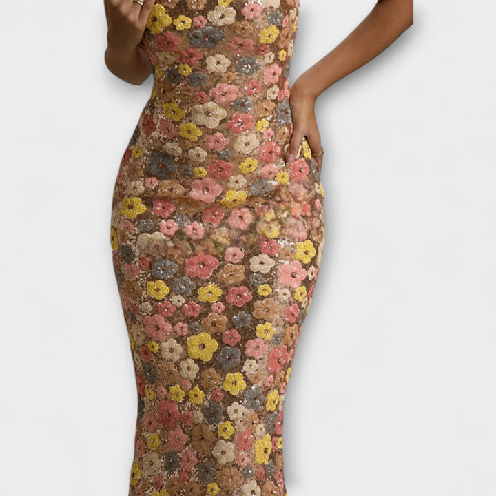 Oakley - Maxi-Chleid mit florale Pailletten im 80er-Jahre-Stil