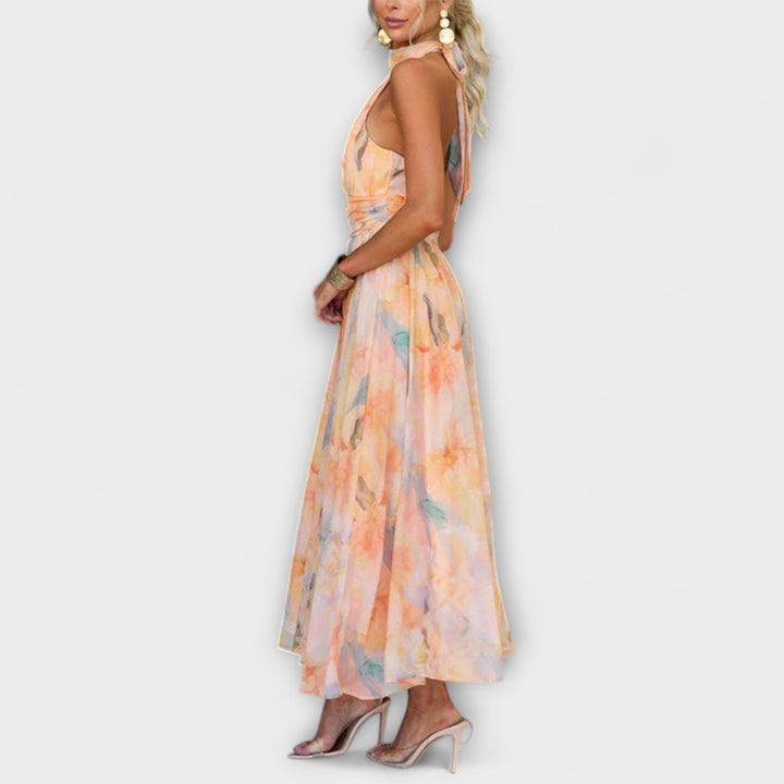 Halter-Neck Aquarell Print Maxi Chleid