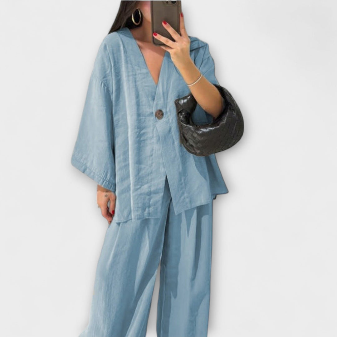 Jacqueline - Lässigs V-Ausschnitt Top und Hose Duo