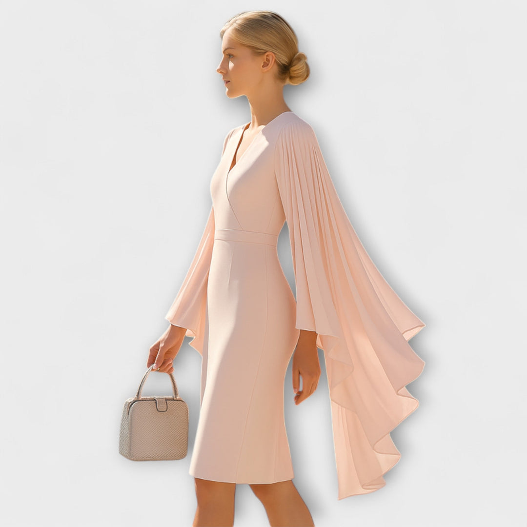 Rachel - Hellrosa Midi-Kleid mit V-Ausschnitt und Chiffon-Ärmeln