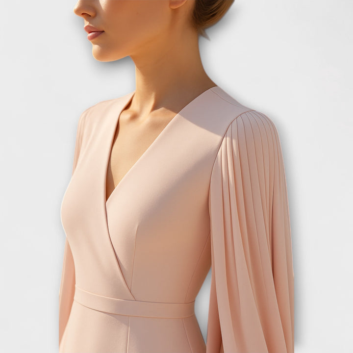 Rachel - Hellrosa Midi-Kleid mit V-Ausschnitt und Chiffon-Ärmeln