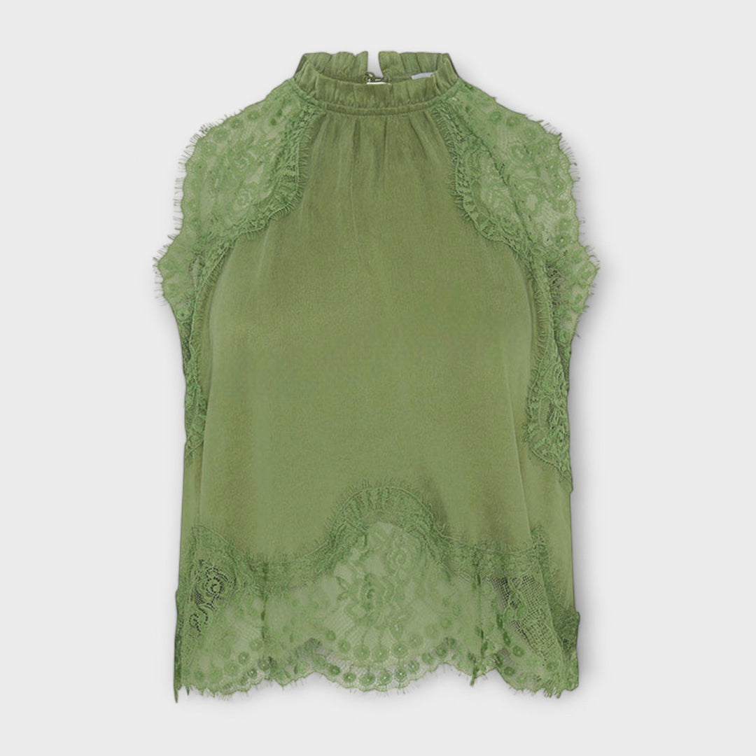 Kaia - Satinbluse mit Spitzenbesatz und plisierte Ausschnitt im Set