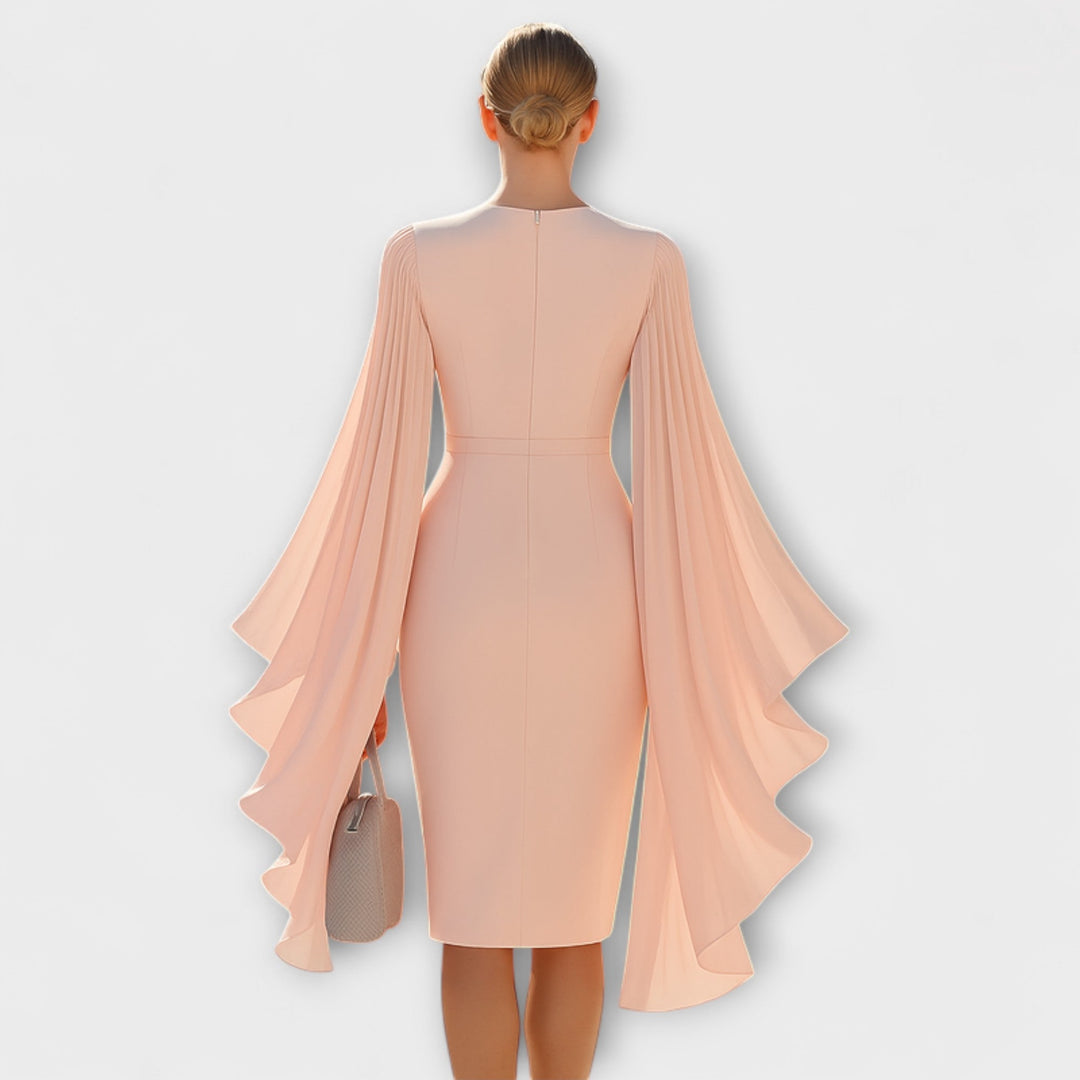 Rachel - Hellrosa Midi-Kleid mit V-Ausschnitt und Chiffon-Ärmeln