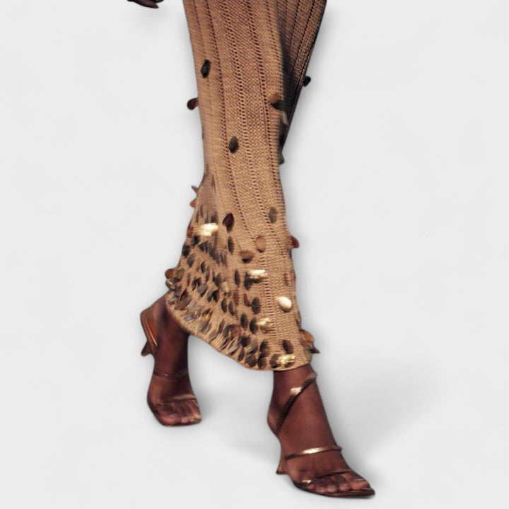 Kathleen - Goldigs Maxi-Chleid us Strick