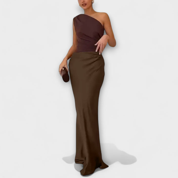 Elegants One-Shoulder-Falte-Maxi-Chleid