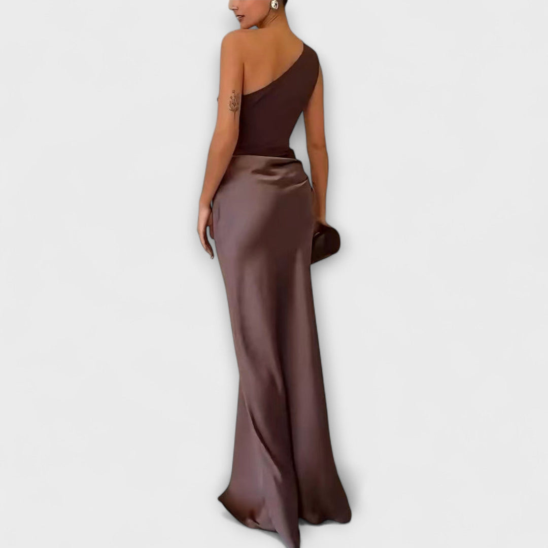 Elegants One-Shoulder-Falte-Maxi-Chleid