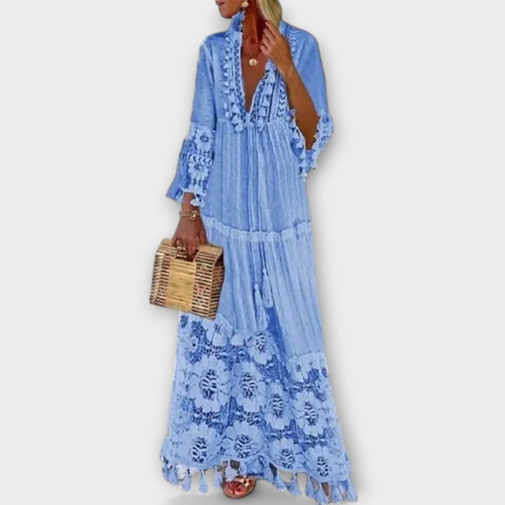 Klassischs Bohemian-Style Langchleid mit lange Ärmel, Spitz und Quaste