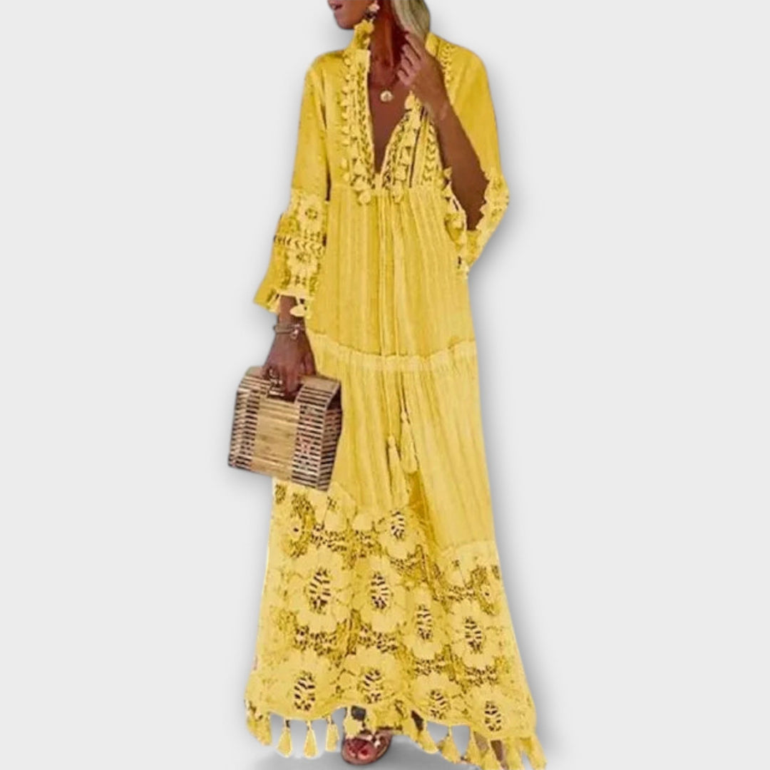 Klassischs Bohemian-Style Langchleid mit lange Ärmel, Spitz und Quaste