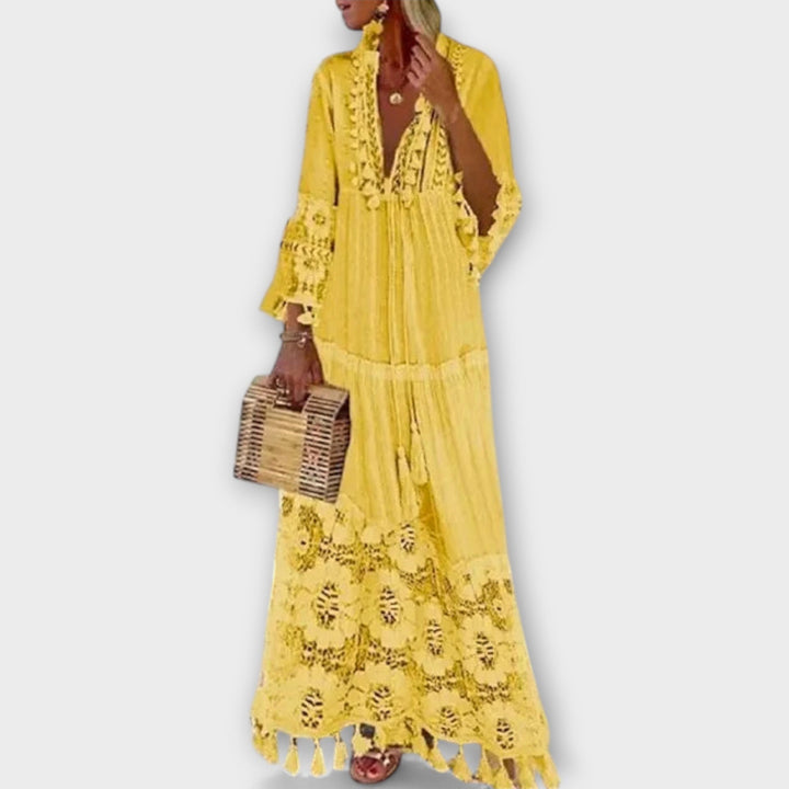 Klassischs Bohemian-Style Langchleid mit lange Ärmel, Spitz und Quaste