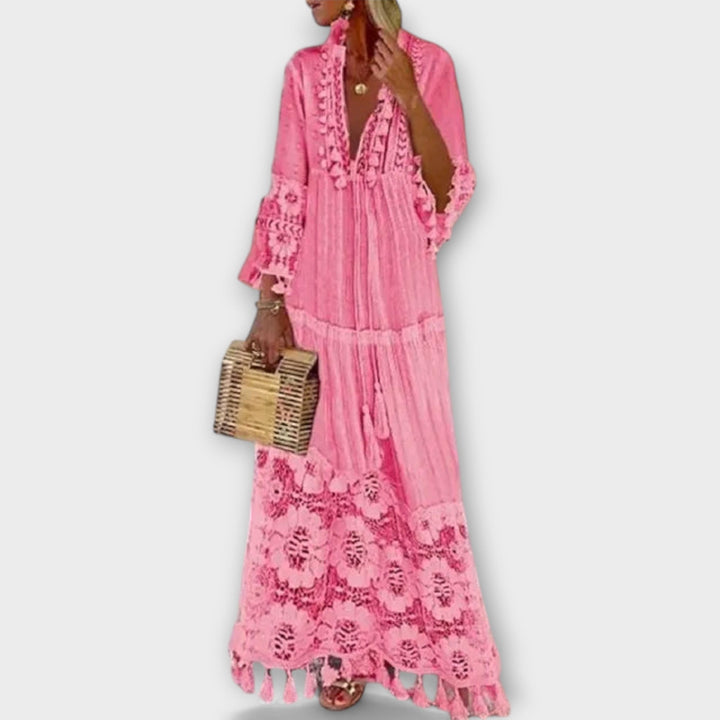 Klassischs Bohemian-Style Langchleid mit lange Ärmel, Spitz und Quaste