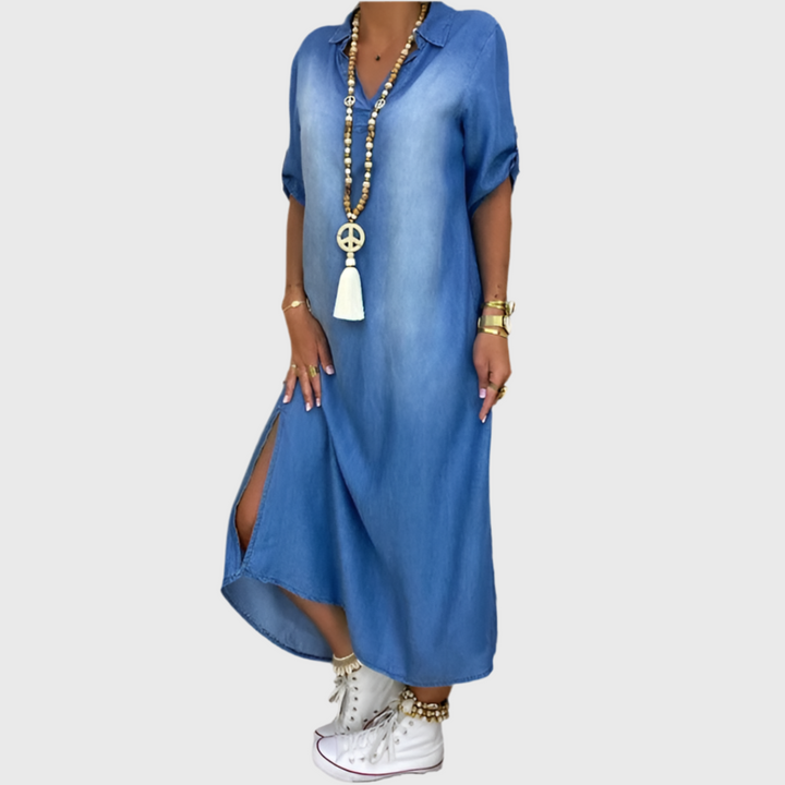 Lea - Langes Kleid im Jeans-Look mit Seitenschlitz