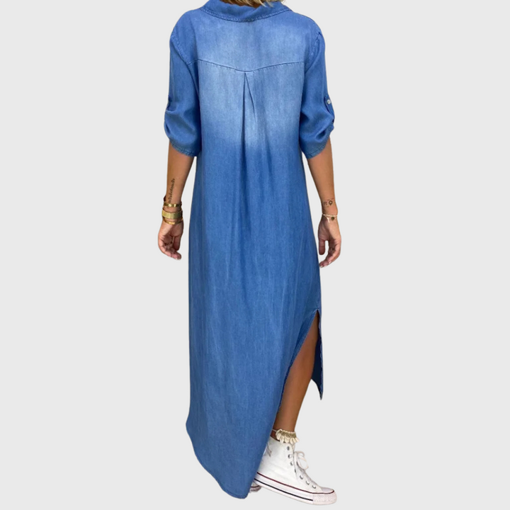 Lea - Langes Kleid im Jeans-Look mit Seitenschlitz