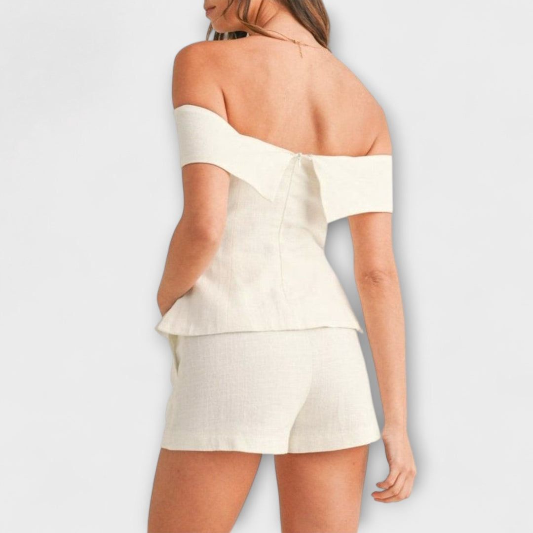 Olivia - Wiisses Baumwoll-Leinen Zweiteiligs Ensemble