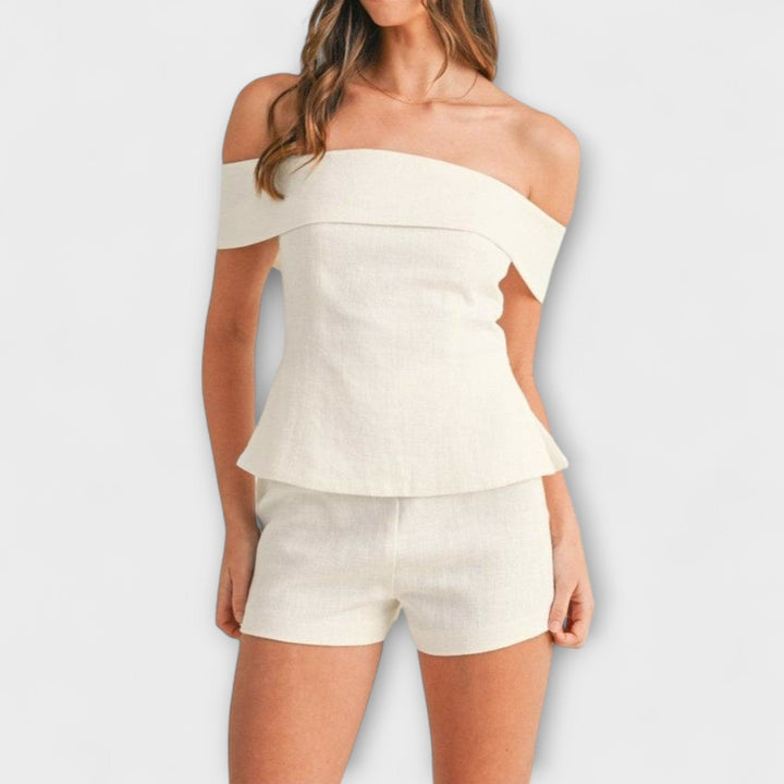 Olivia - Wiisses Baumwoll-Leinen Zweiteiligs Ensemble