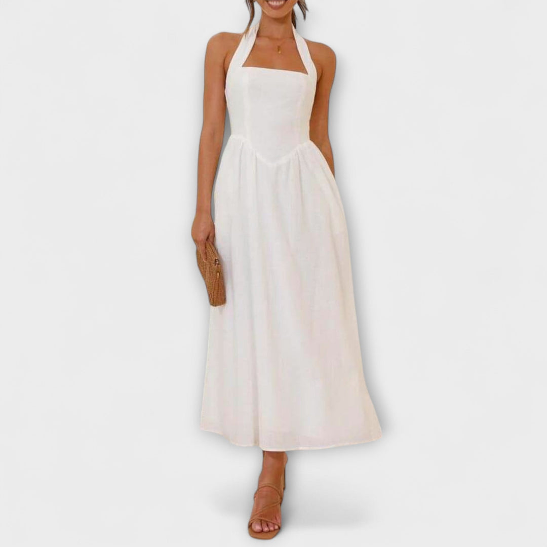 Lydia - Mid-Length schwarzes Halter-Chleid mit Taille-Detail