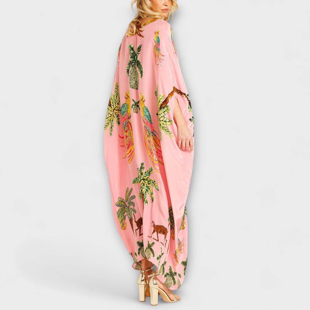 Linda - Ufälligs Chleid mit schräge Schulter und Palme-Print