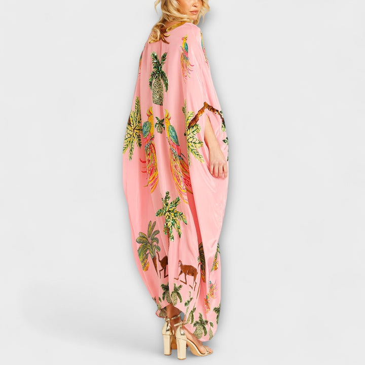 Linda - Ufälligs Chleid mit schräge Schulter und Palme-Print