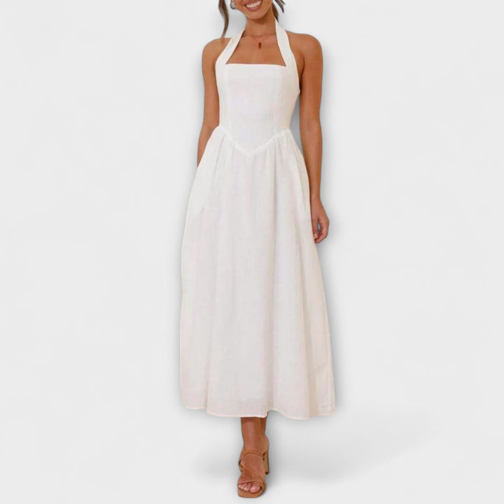 Lydia - Mid-Length schwarzes Halter-Chleid mit Taille-Detail