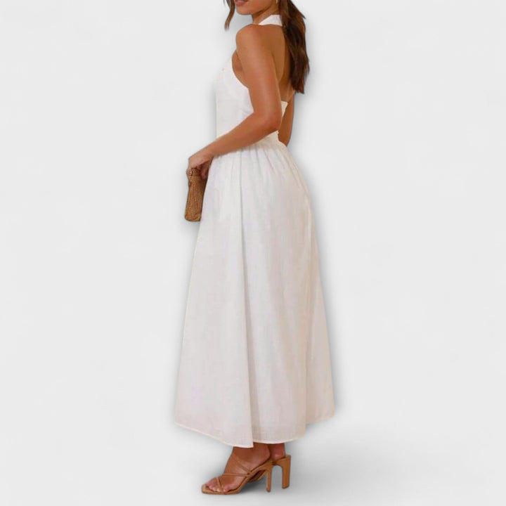 Lydia - Mid-Length schwarzes Halter-Chleid mit Taille-Detail