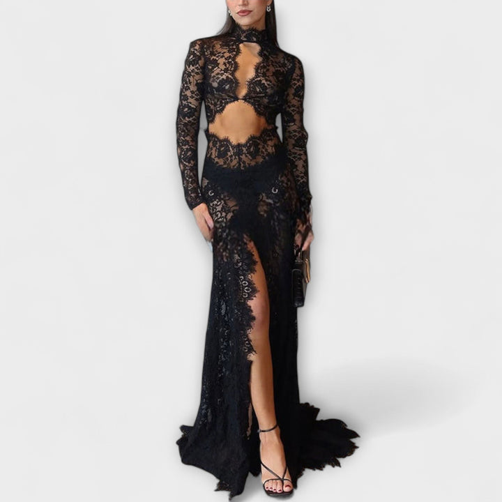 Azalee - Midnight Elegance Transparentes Cutout-Langarm-Stretch-Maxikleid