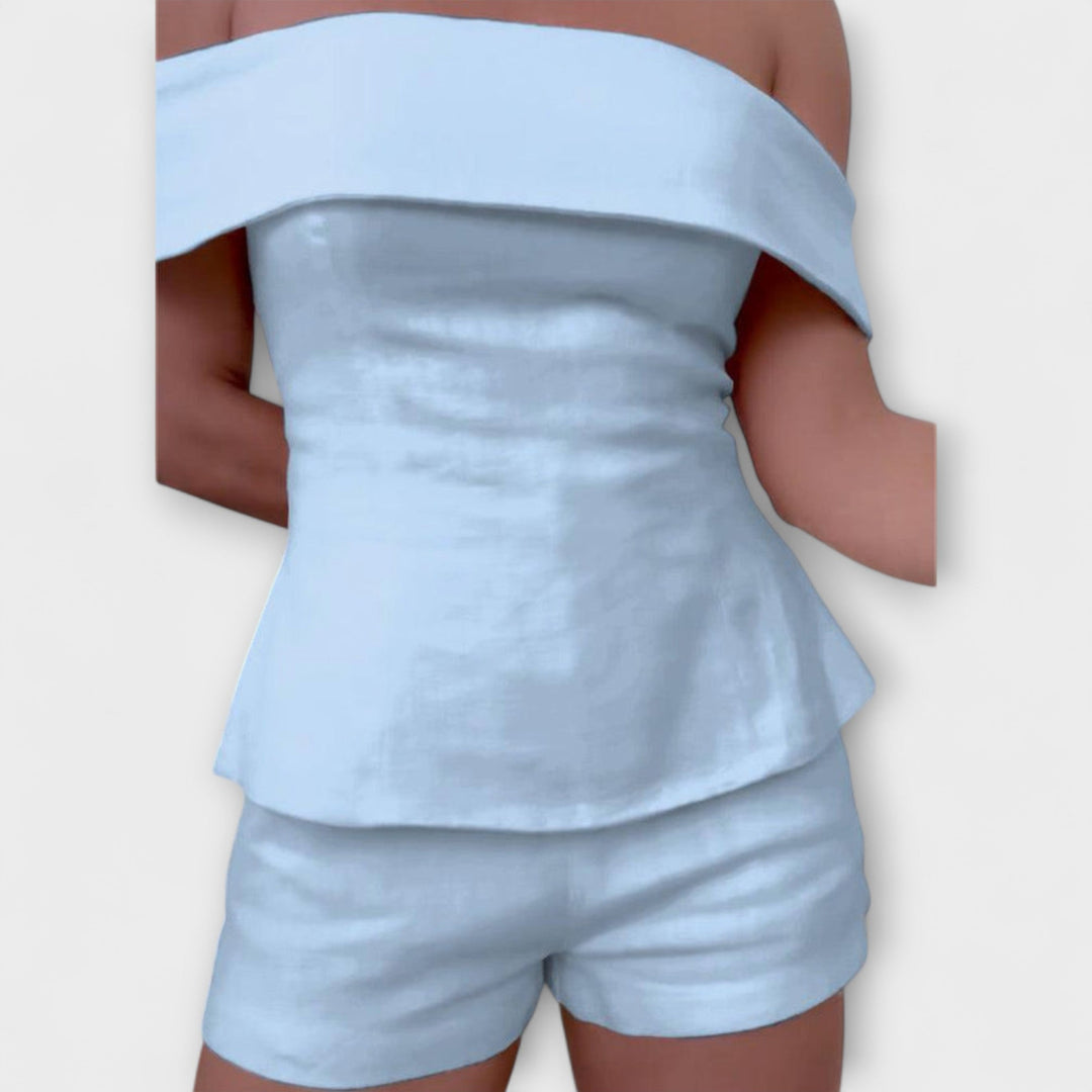 Olivia - Wiisses Baumwoll-Leinen Zweiteiligs Ensemble